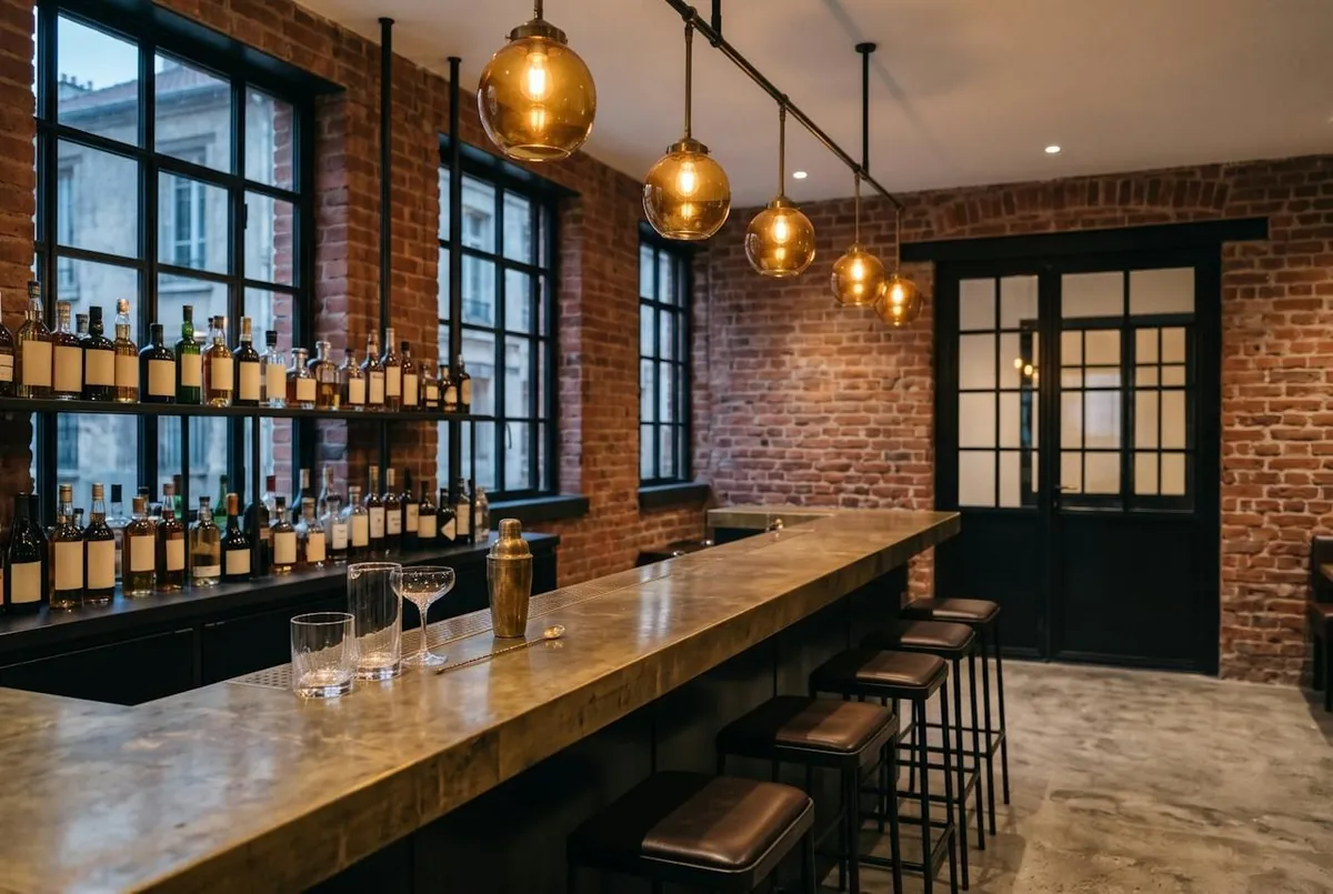 Le bar — le bar : comptoir de laiton, suspensions de verre ambré et étagères de bouteilles