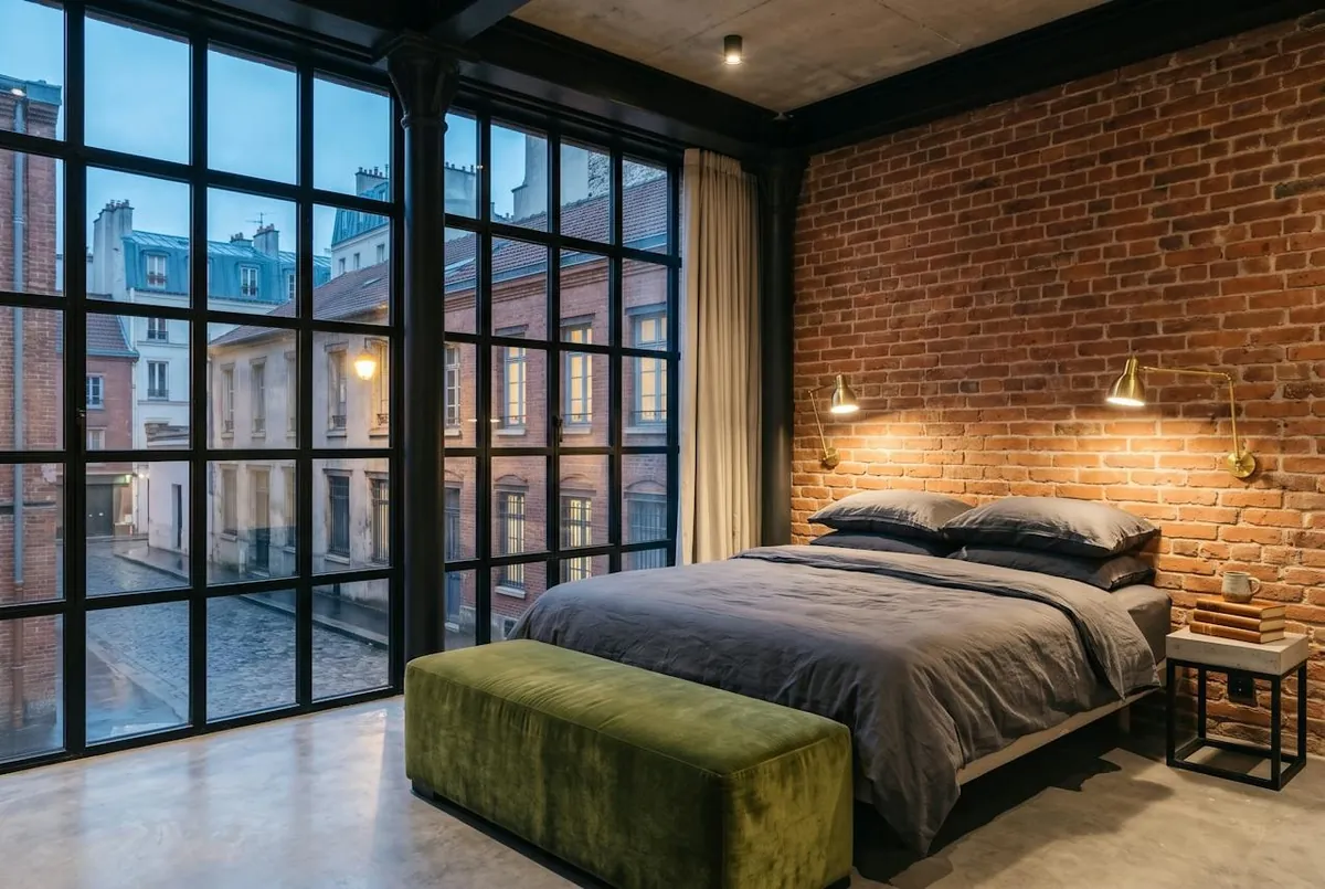 Chambre La Brique — une chambre La Brique : mur de brique, baie d'acier sur la rue pavée