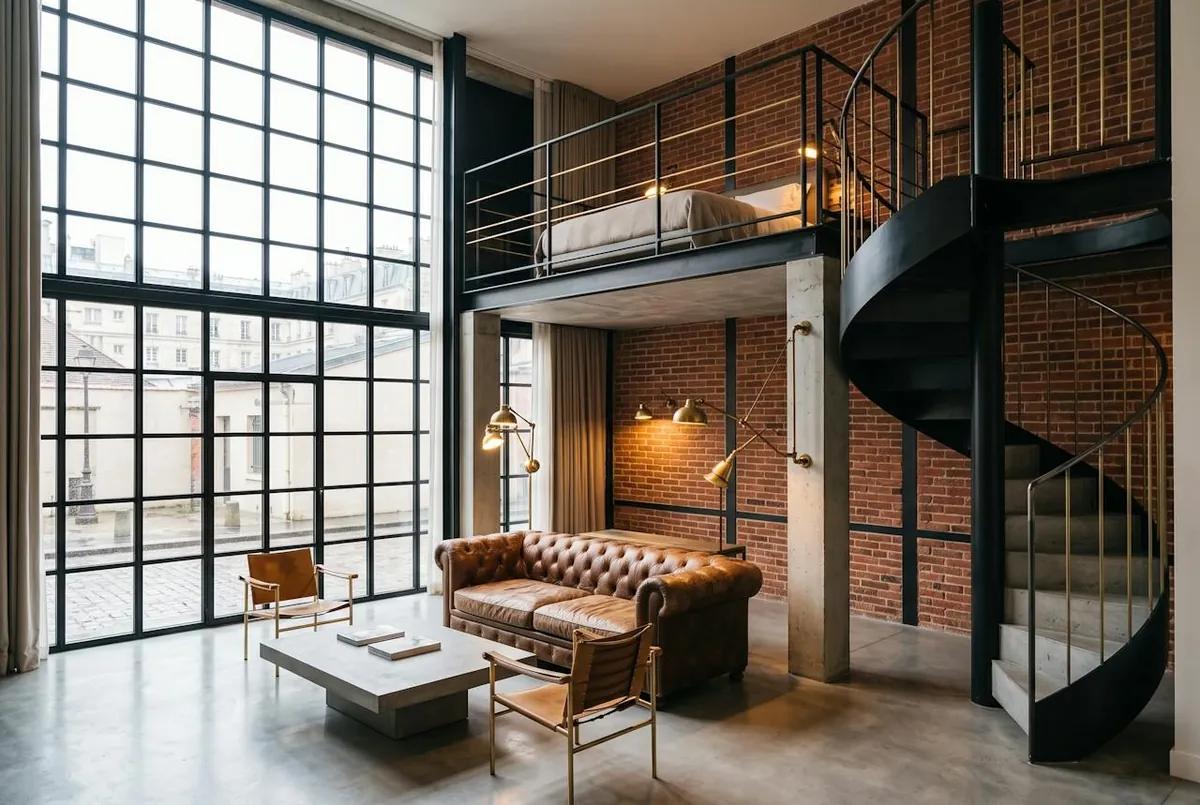 Loft avec mezzanine — le loft : verrière en double hauteur, salon et mezzanine