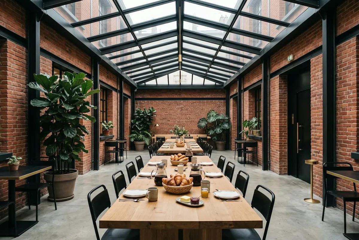 Le petit-déjeuner sous la verrière — la grande table du petit-déjeuner sous la verrière d'acier