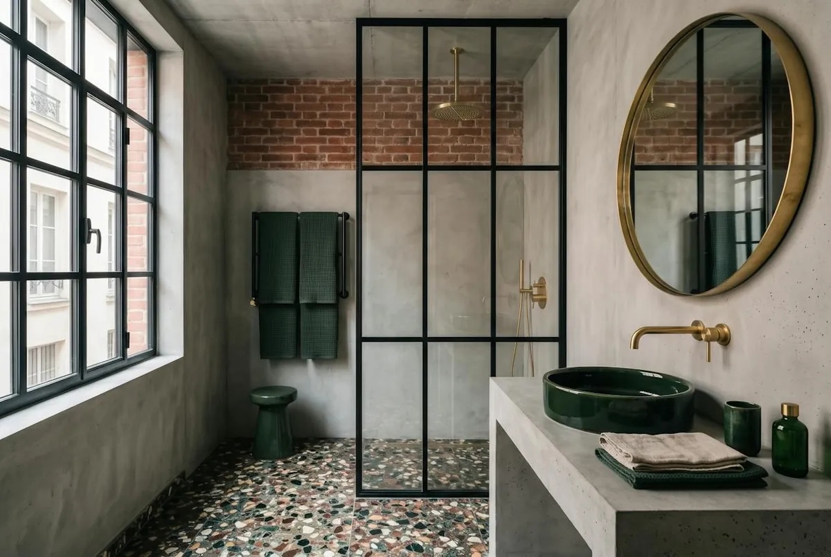 Chambre La Fonderie — une salle de bain de la maison : béton, terrazzo, douche sous verrière d'acier