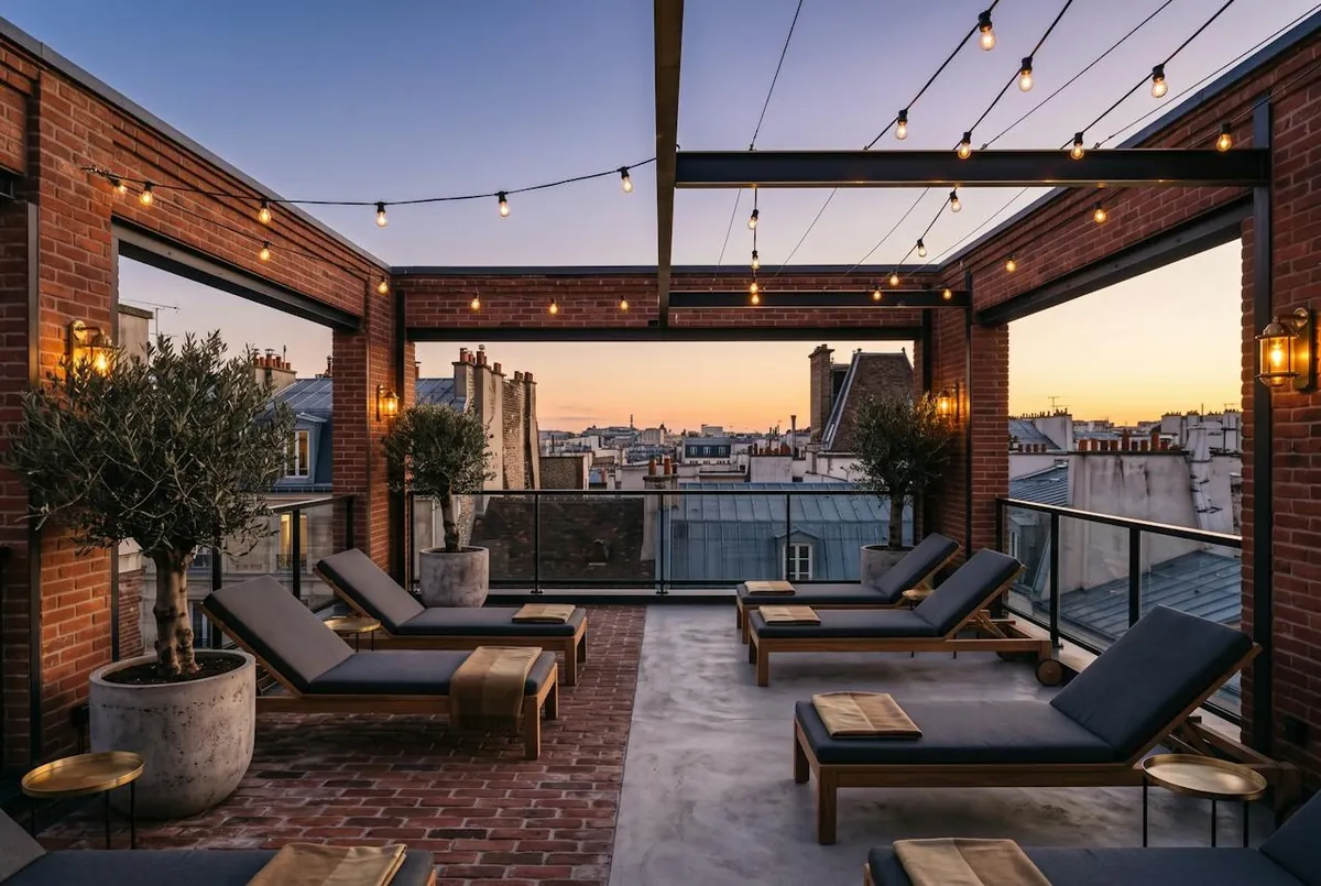 La terrasse sur les toits — la terrasse sur les toits au coucher du soleil, ses oliviers et ses guirlandes